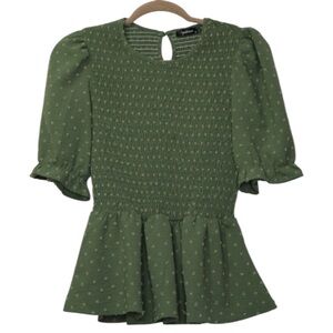 PRETTYGARDEN Green  Smocked Summer Short Puff Sleeve Crewneck Swiss Dot Blouse